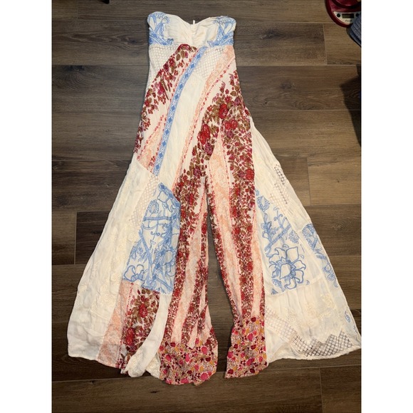 Free People Pants - Free People Strapless Patchwork Wide-Leg Jumpsuit in Cream, Blue, and Red Floral